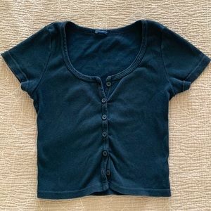 Brandy Melville Black Cotton Cropped Button-down Top